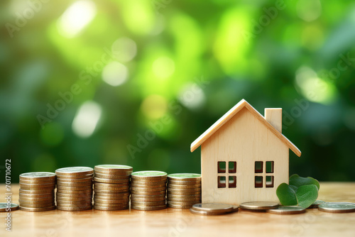 A visual representation of financial preparation for real estate investment, showcasing a house model with coins on a green background, emphasizing budgeting for home loans.