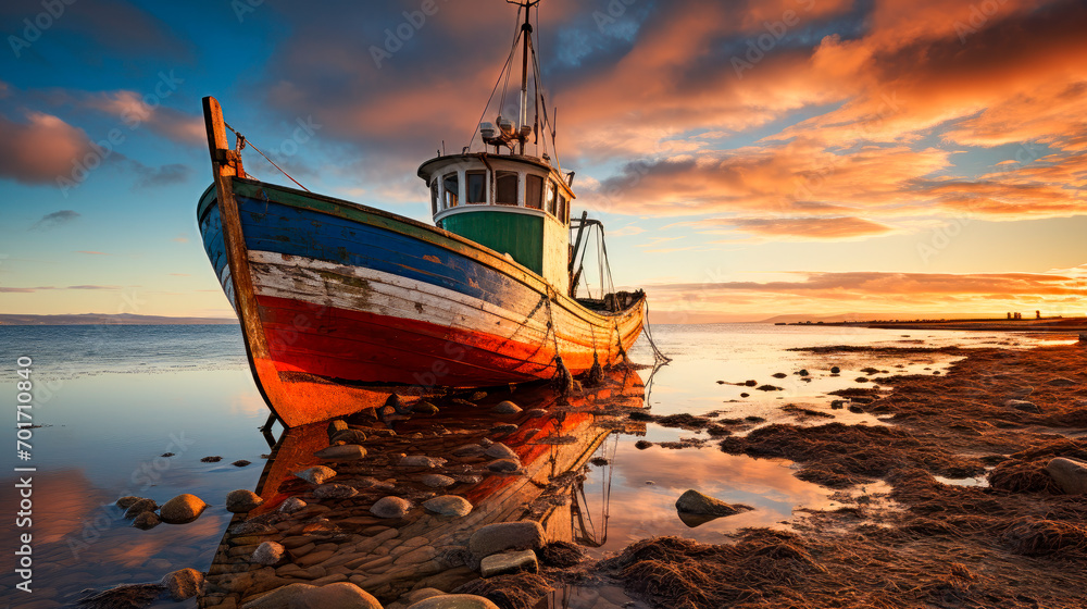 Colorful wooden fishing boat on the beach on the coastal island. - obrazy, fototapety, plakaty 