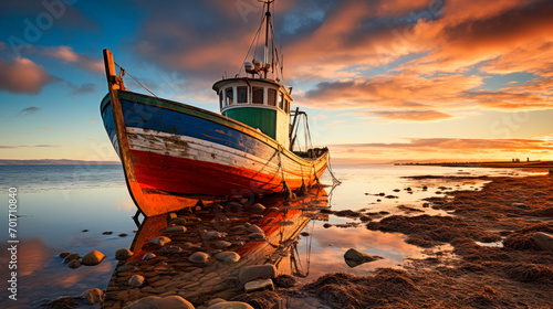 Colorful wooden fishing boat on the beach on the coastal island.