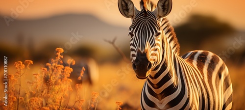 Zebra standing against the backdrop of the setting African sun in the savanna as the background.