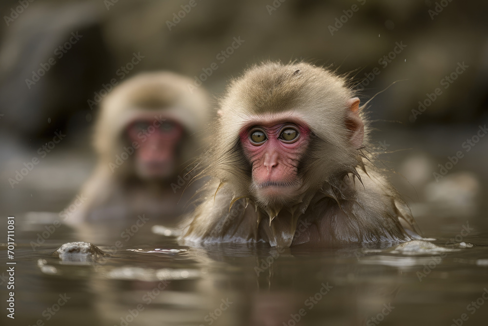 Naklejka premium Monkeys sitting in a hot water spring.