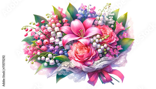 Watercolor of a very beautiful colorful flower bouquet. Flowers bunch for valentine's day. photo