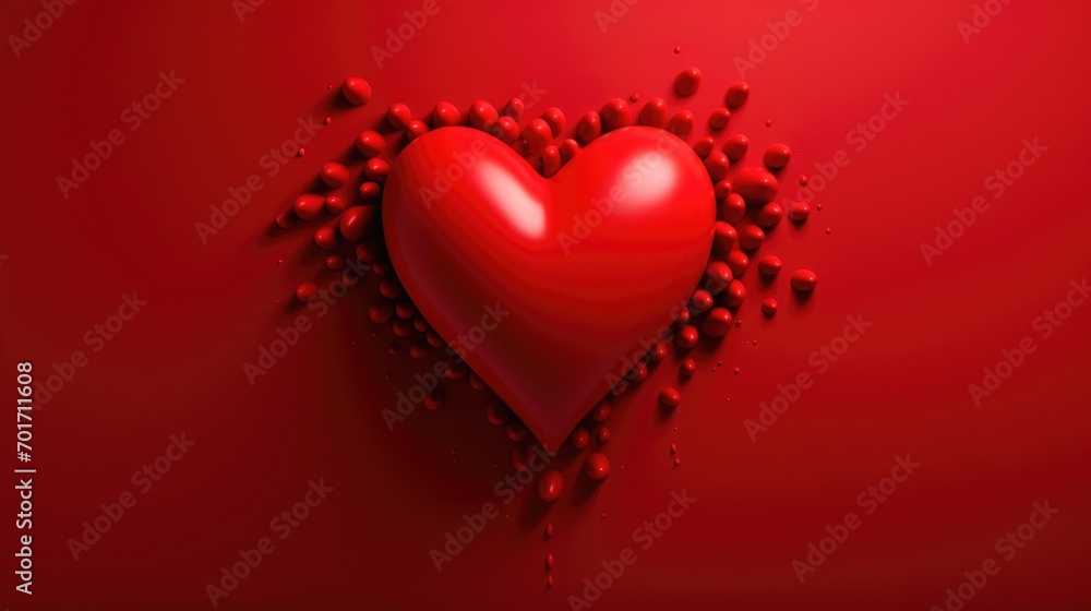 Coeur rouge avec des petites textures autour sur fond rouge pour la saint valentin