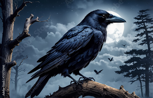A black raven is sitting on a branch. The night is full moon. AI