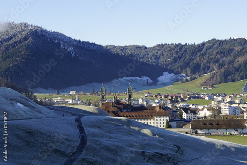 Blick auf das Kloster Einsiedeln vom Friherrenberg aus, Rossstall und Werkstatt des Klosters photo