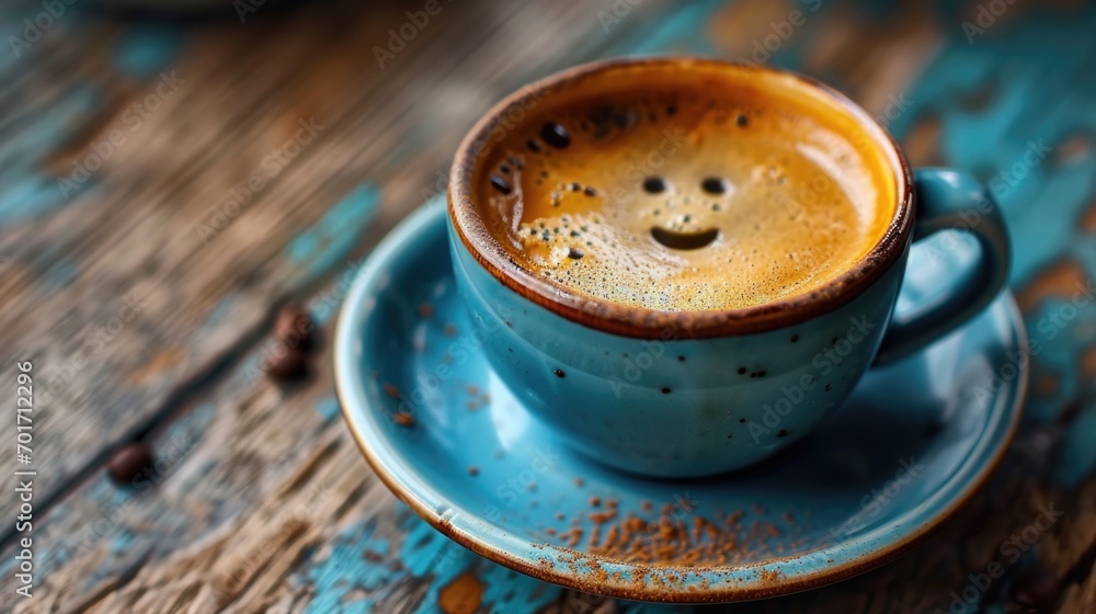 tasse de café bleu avec un sourire. - obrazy, fototapety, plakaty 