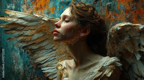 Jeune femme angélique avec des ailes dans lieu délabré photo