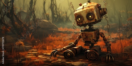Wretched robot with apocalyptic world on the background