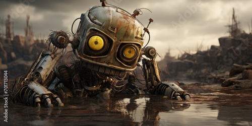 Wretched robot with apocalyptic world on the background