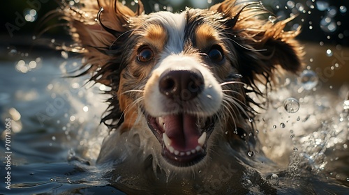 Dog having fun in the water whether. AI generate illustration © PandaStockArt