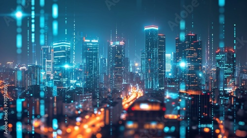 a futuristic business district skyline with holographic stock market charts hovering in the air,