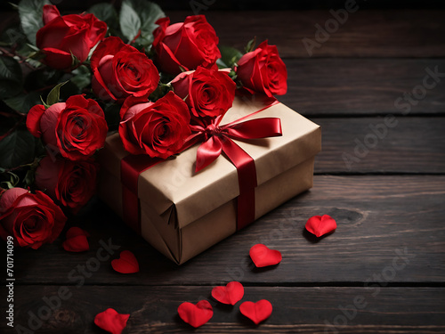 Valentine s Day Gift with Red Roses on a Dark Wood Background