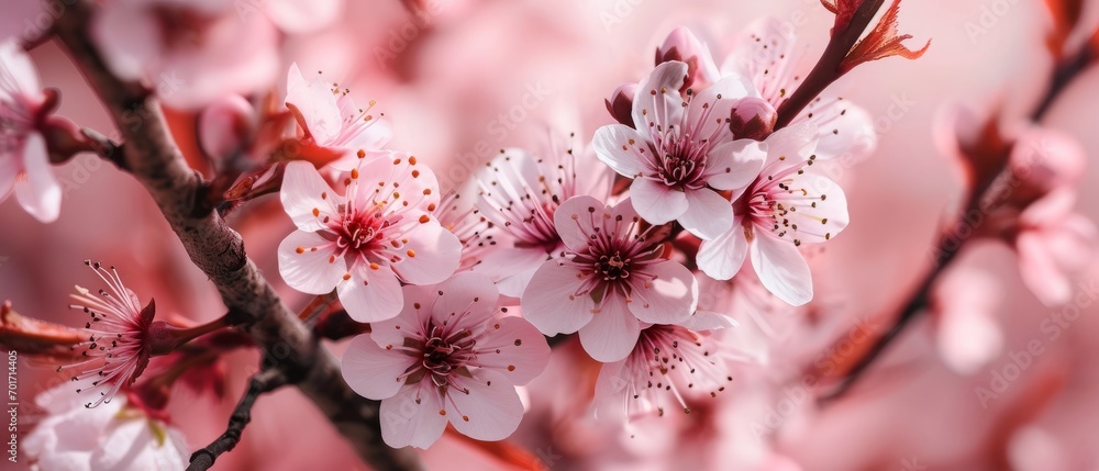 Fototapeta premium Soft and delicate cherry blossoms are beautifully arranged on a soft pink background