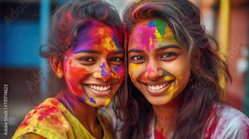 Happy indian young girls celebrating holi festival in colorful powders at sunny day. AI generated © Leafart