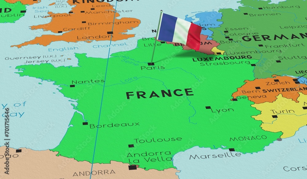 Obraz premium France, Paris - national flag pinned on political map - 3D illustration