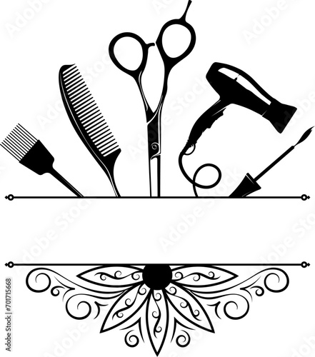 Comb scissors hair dryer and curl of hair, beauty salon banner sign
