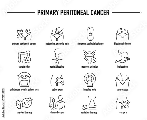 Primary Peritoneal Cancer symptoms, diagnostic and treatment vector icons. Line editable medical icons.