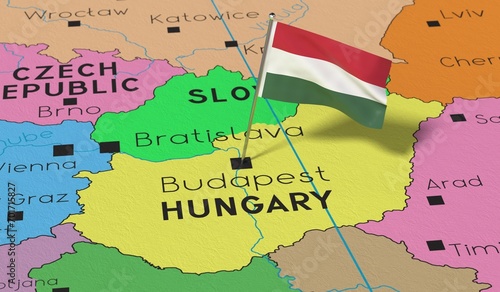 Hungary, Budapest - national flag pinned on political map - 3D illustration