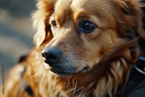 A close-up view of a dog's face with a blurred background. This image captures the detailed features and expression of the dog. Perfect for pet-related projects or animal-themed designs