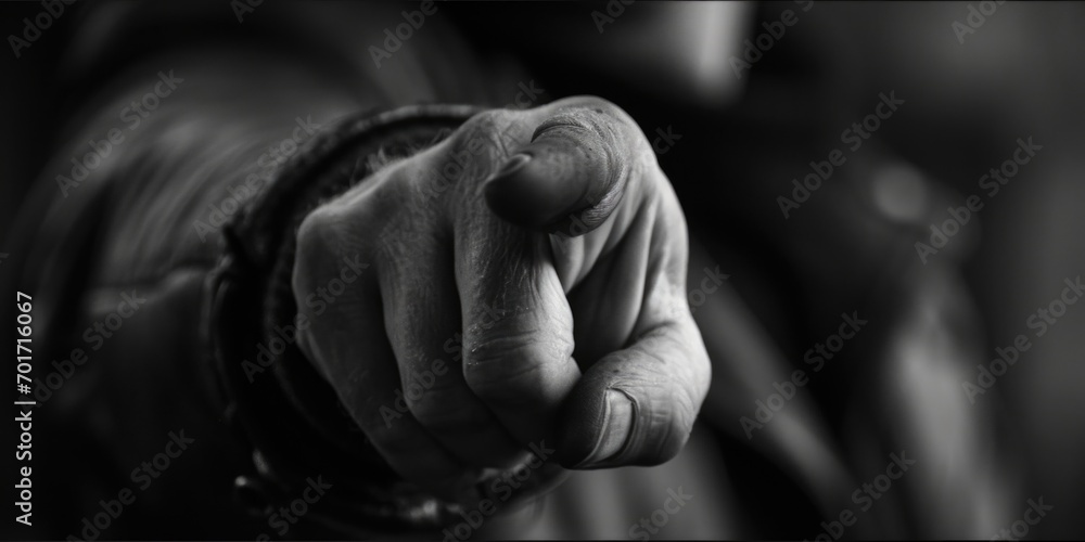 A close up of a person's hand pointing directly at the camera. This image can be used to convey a sense of connection, engagement, or direction
