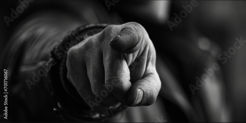 A close up of a person's hand pointing directly at the camera. This image can be used to convey a sense of connection, engagement, or direction © Fotograf