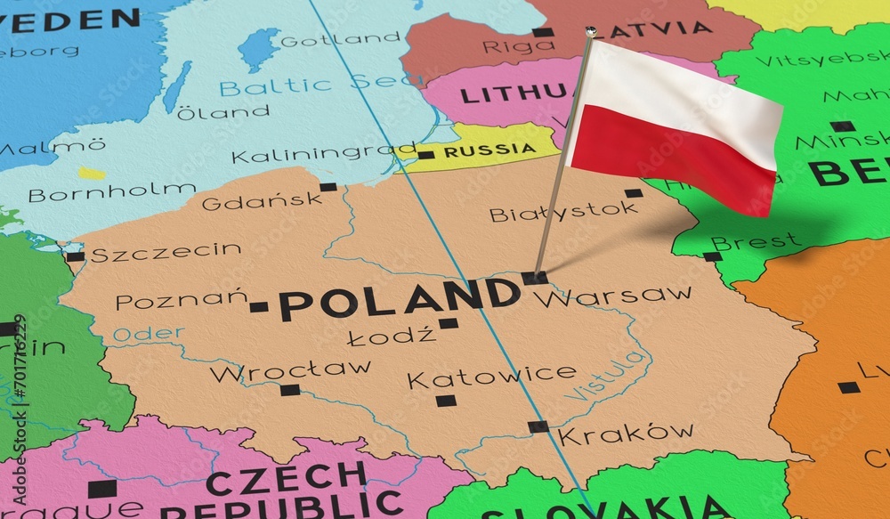 Poland, Warsaw - national flag pinned on political map - 3D illustration