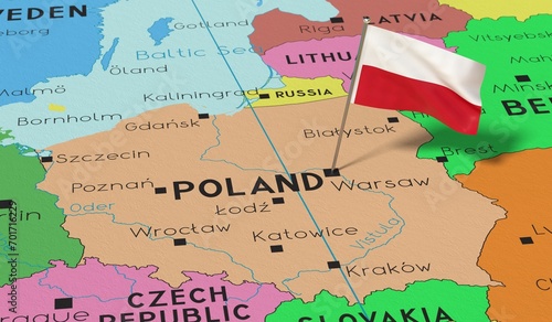 Poland  Warsaw - national flag pinned on political map - 3D illustration