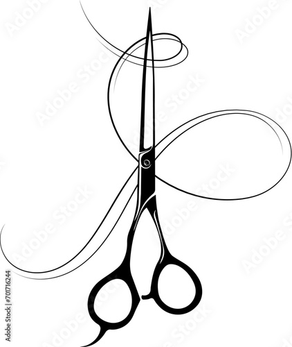 Hair stylist scissors and curled lock of hair. Sign for beauty salon and hairdresser