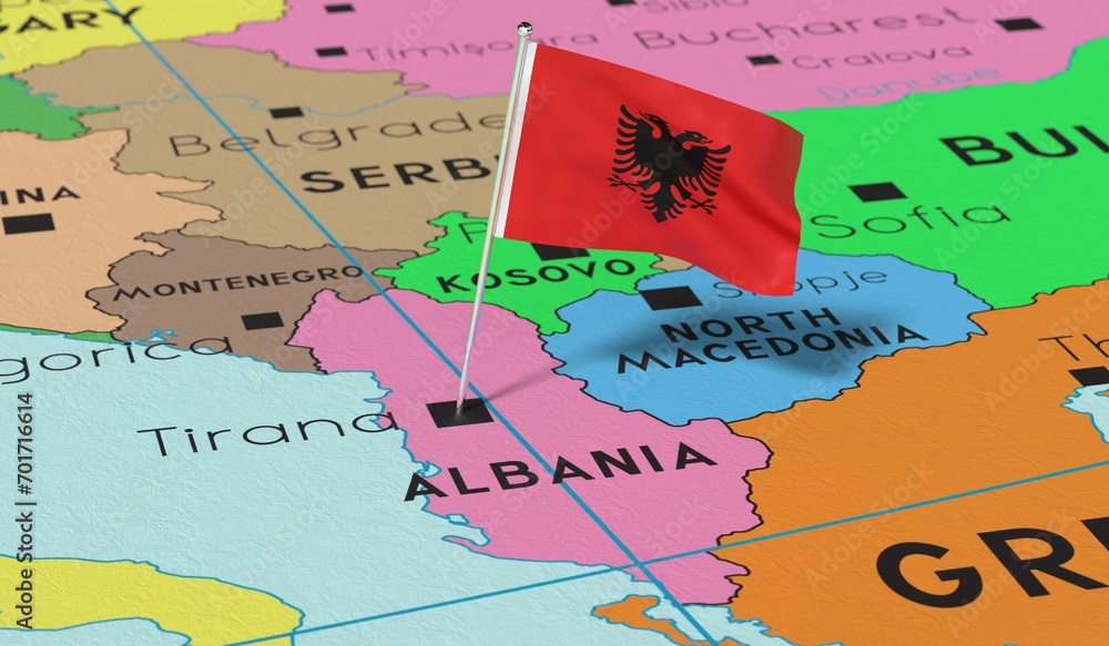 Albania, Tirana - national flag pinned on political map - 3D illustration
