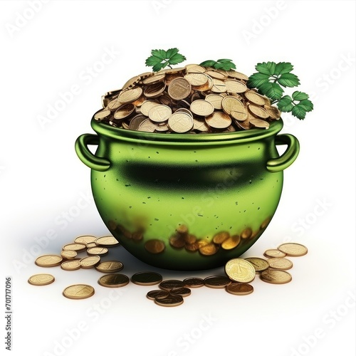gold coins in a green pot isolated on white