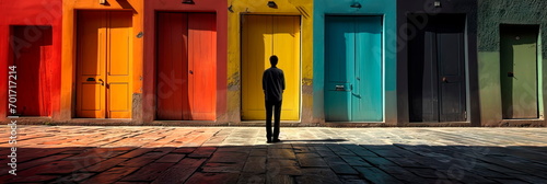 businessman in front of multiple doors of diverse colors as symbol for different opportunities. Generative ai