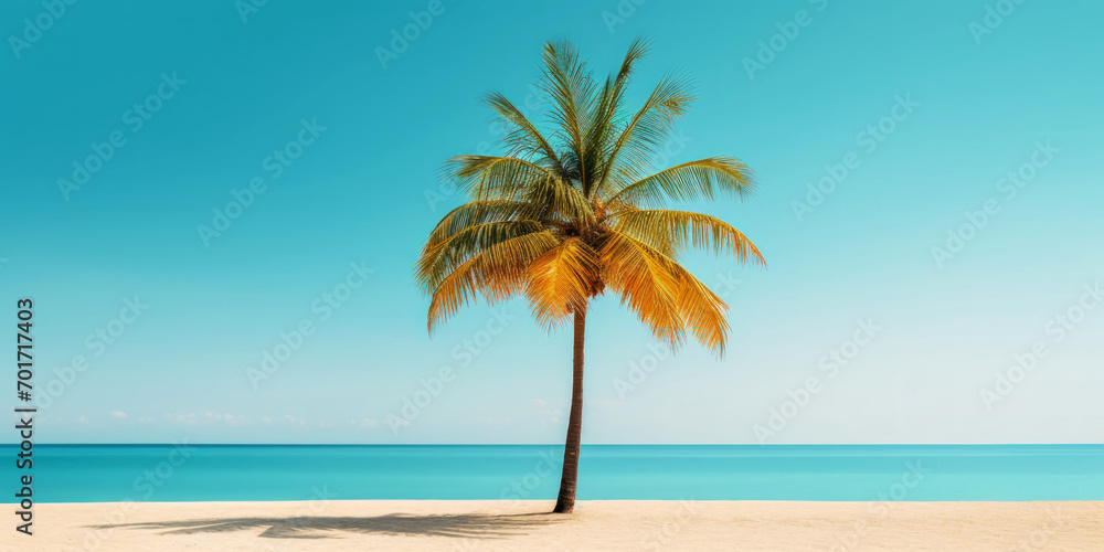 Palm on a sunny tropical sea shore under turquoise sky. Vacation concept. Generative AI Palm on a sunny tropical sea shore under turquoise sky. Vacation concept. Generative AI