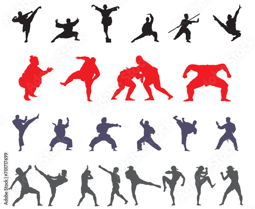 Silhouette set of mixed martial art mma fighter. Muay thai, wrestling, jujitsu, kick boxing, taekwondo and boxing. Vector illustration