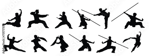 Silhouette of Wushu
 Silhouette of mix martial arts, Kungfu, boxing, karate, kick boxing, jujitsu, taekwondo, sumo, mauy thai. Vector illustration.