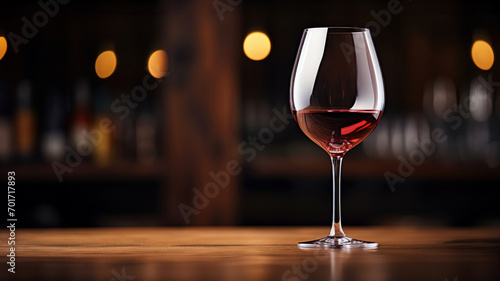 Elegant glass of red wine on blurred bar background. Wine industry concept. Generative AI