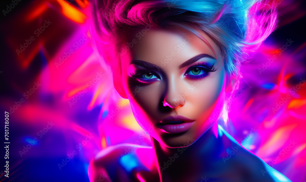 Fototapeta premium Portrait of beautiful woman in colorful neon lights