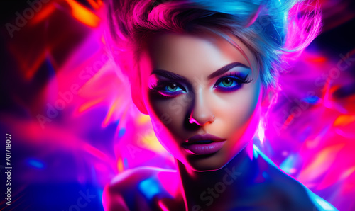 Portrait of beautiful woman in colorful neon lights
