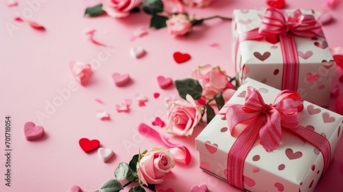 Valentine's day celebration with wedding gift box on magical pink background. Romantic and festive atmosphere © ColdFire