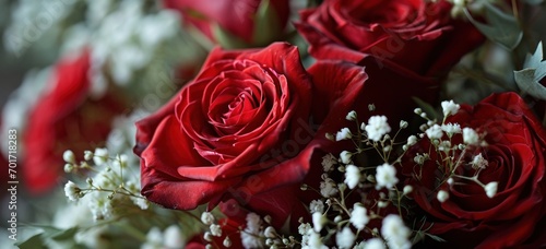 Vibrant red roses arrangement with delicate baby's breath. Floral beauty and romance.