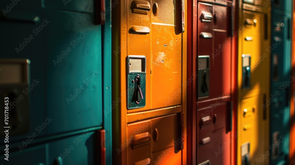 A row of colorful lockers lined up next to each other. Perfect for school, gym, or workplace themes A row of colorful lockers lined up next to each other. Perfect for school, gym, or workplace themes
