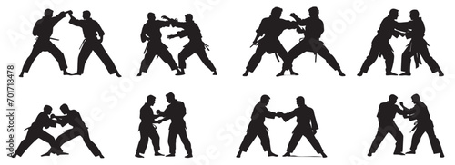 Silhouette of mix martial arts, Kungfu, boxing, karate, kick boxing, jujitsu, taekwondo, sumo, mauy thai. Vector illustration. 