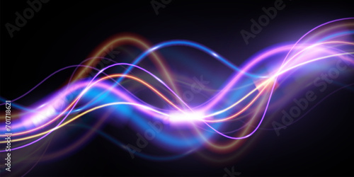 Light trails violet and blue line.Abstract background speed effect motion blur night lights. semicircular wave  light trail curve swirl. 