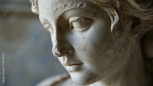 A close-up view of a statue featuring the face of a woman. This image can be used to depict beauty, art, or history