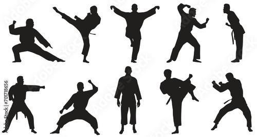 Silhouette of mix martial arts, Kungfu, boxing, karate, kick boxing, jujitsu, taekwondo, sumo, mauy thai. Vector illustration. 
