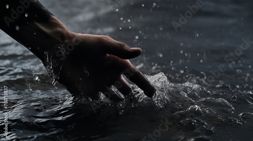 A close-up of the hand in black water.