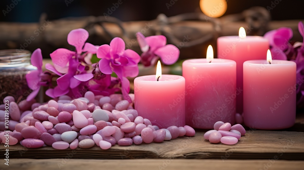 A combination of moss pebbles and pink candles.