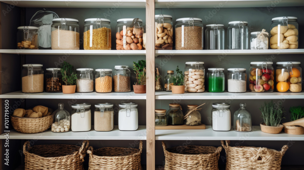 Organization of food storage. Cozy pantry with glass jars and wicker baskets. Light colour palette. Generative AI - obrazy, fototapety, plakaty 