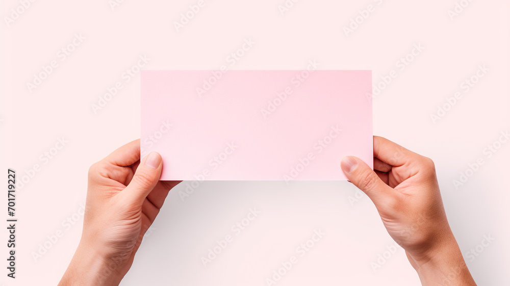 Obraz premium hand holding a pink paper isolated on white background