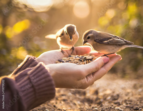 sweet sparrows or tits are fed from the hand in fall and spring