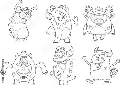 Outlined Funny Monsters Cartoon Characters. Vector Hand Drawn Collection Set Isolated On Transparent Background